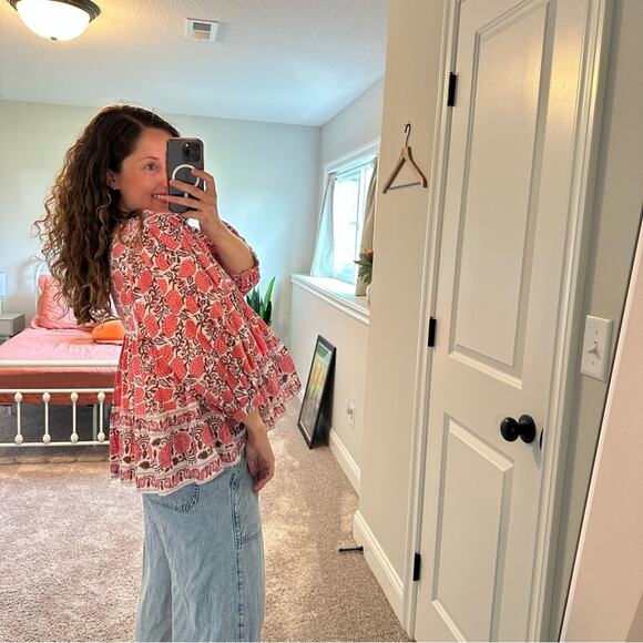 Tuckernuck Marea Pink White Floral Cotton Long Sleeve Tassel Block Print Top M - Picture 3 of 13